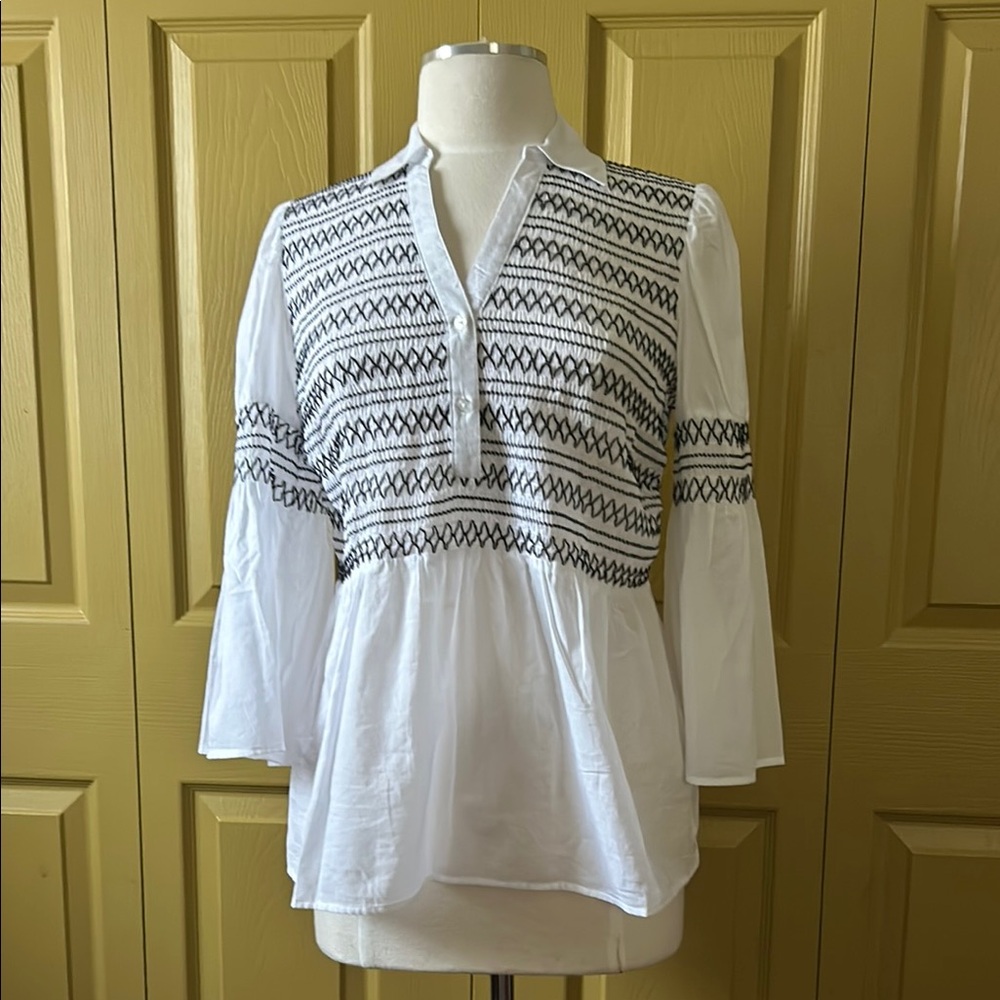 Women's White and Black Smocked Patterned Top